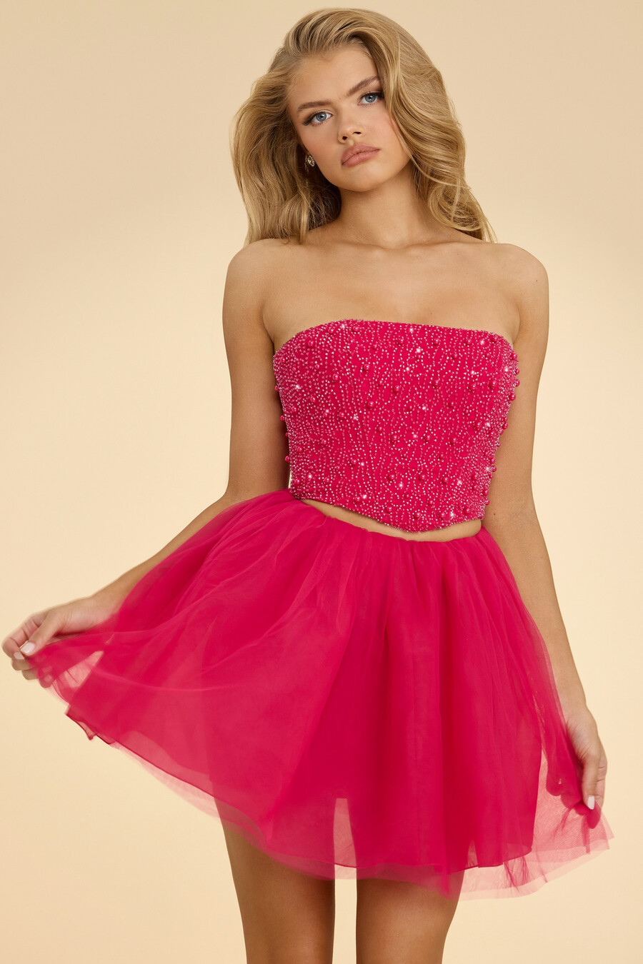 hoge taille minirok van tule in felroze