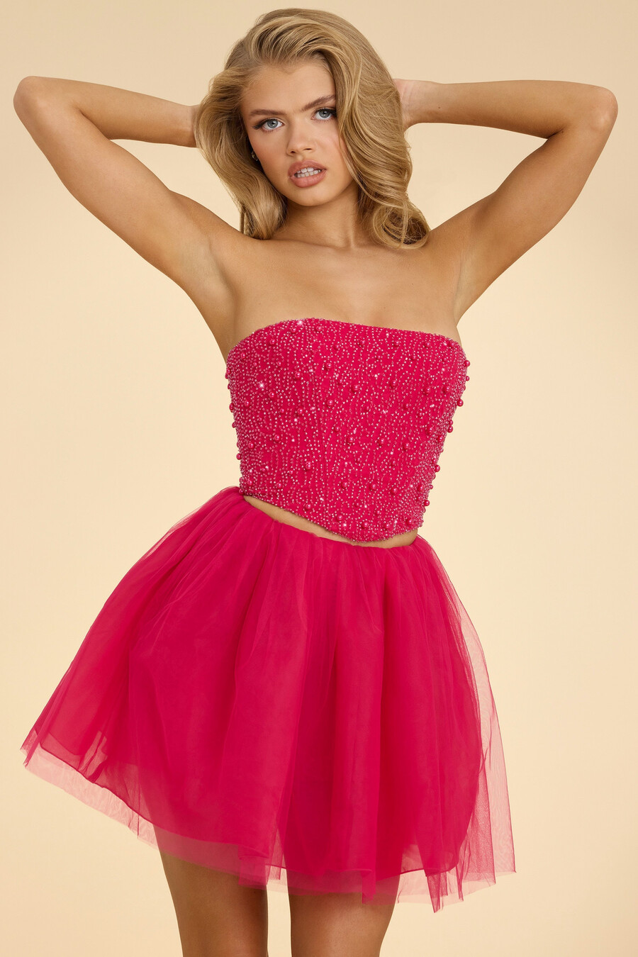 hoge taille minirok van tule in felroze