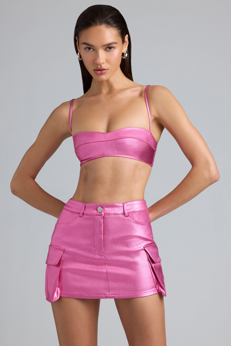 metallic denim cargo rok met middelhoge taille in dieproze