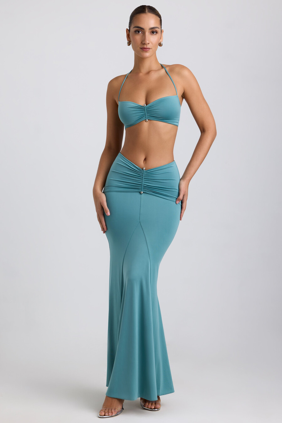 soepelvallende maxi-rok van jersey met metalen details in zeegroen