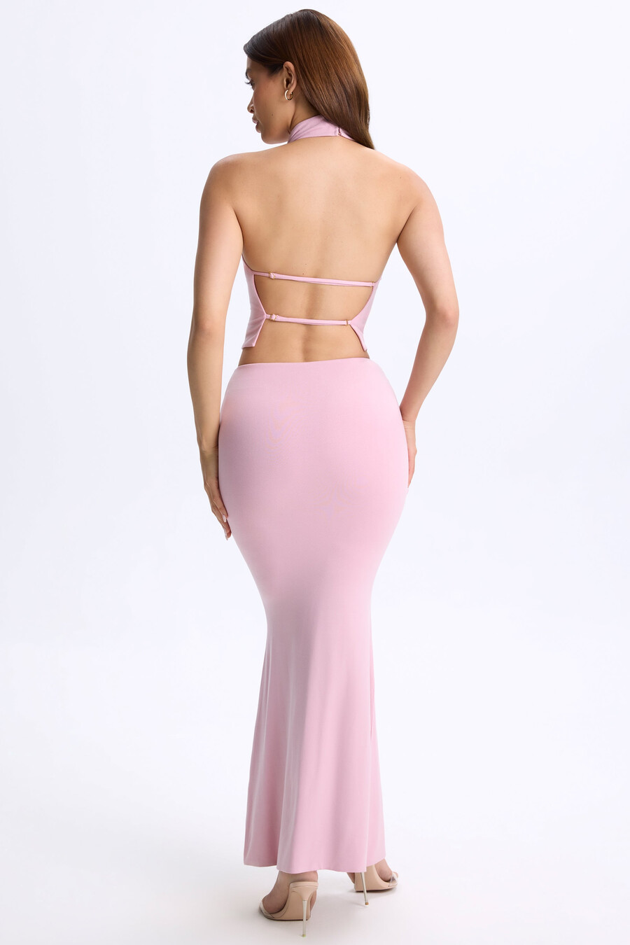 maxi-rok met lage taille in zachtroze