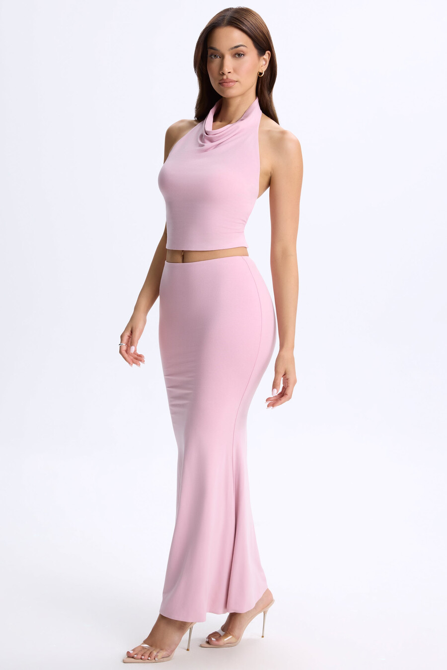 maxi-rok met lage taille in zachtroze