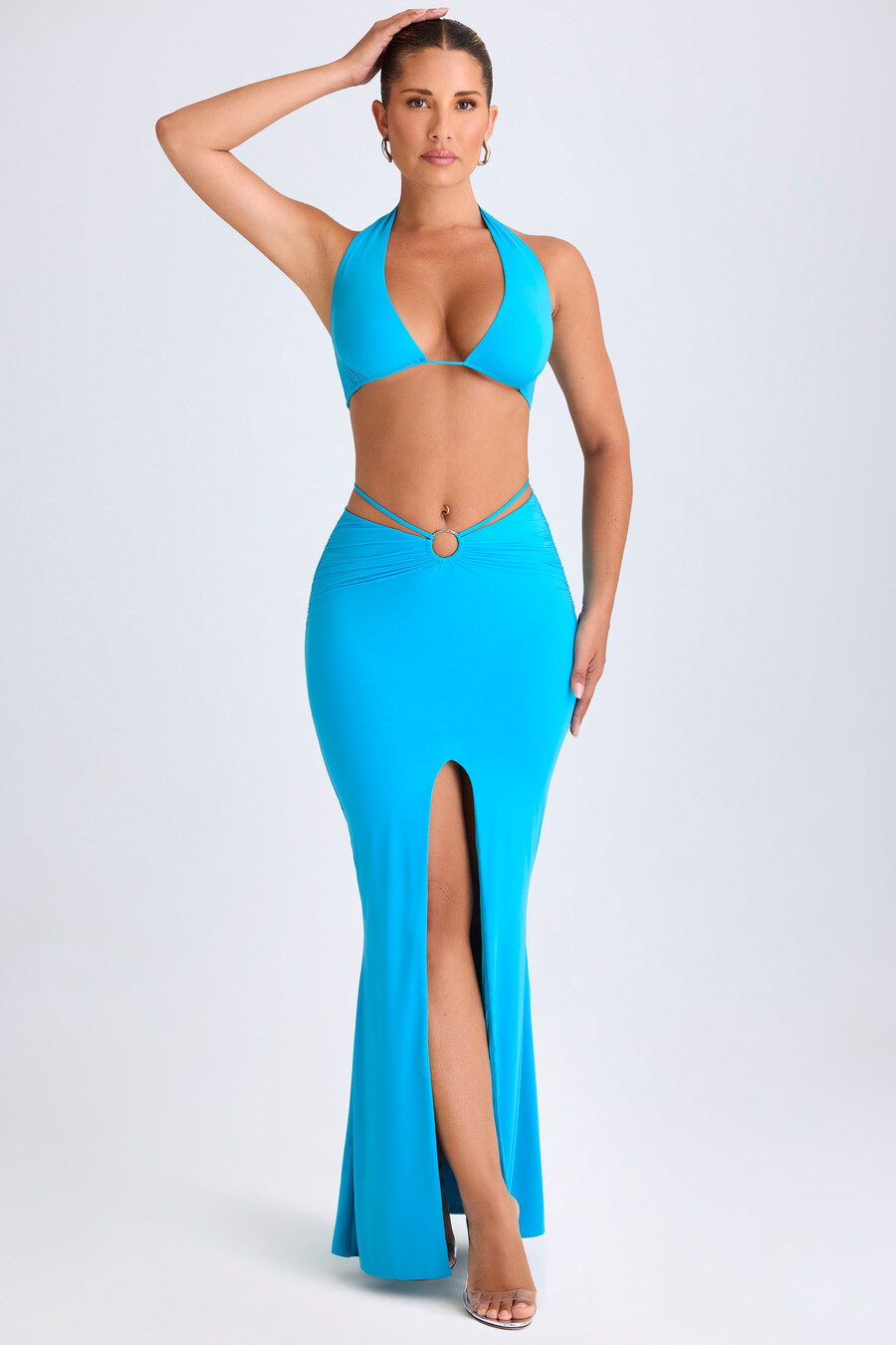 maxi rok met middelhoge taille en metalen details in aquablauw