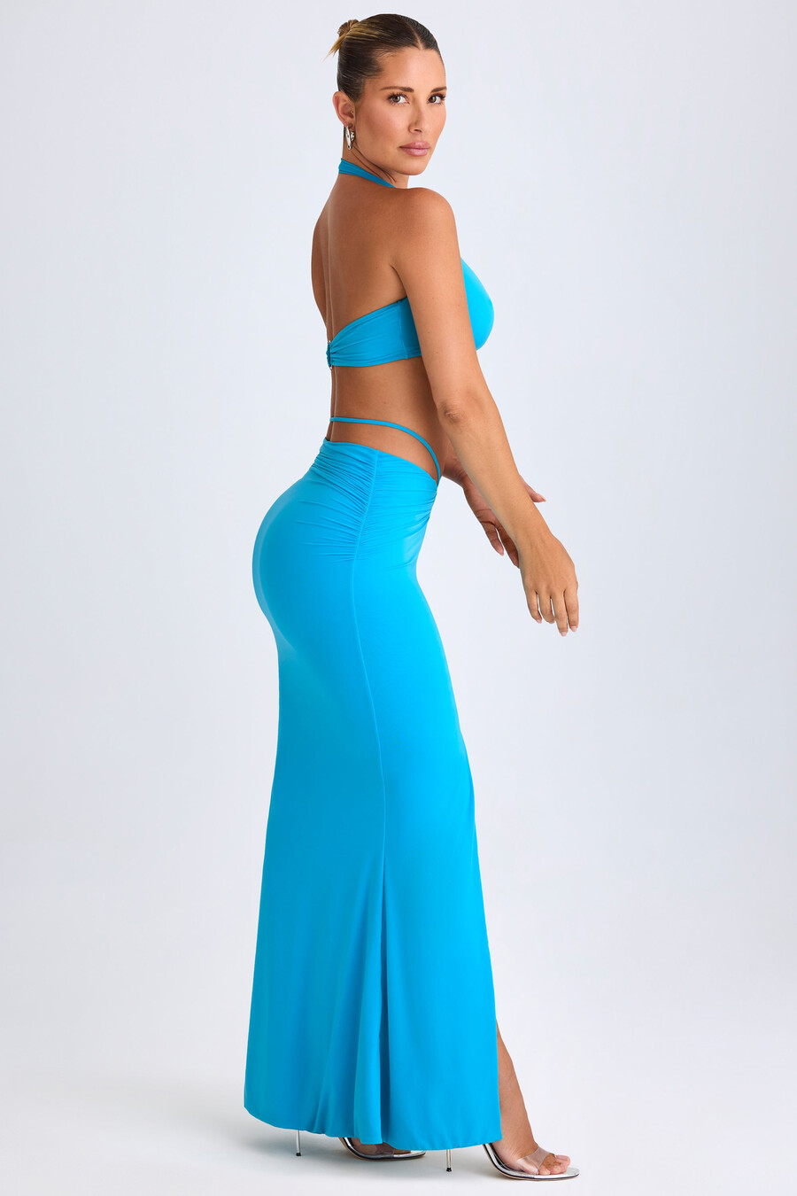 maxi rok met middelhoge taille en metalen details in aquablauw
