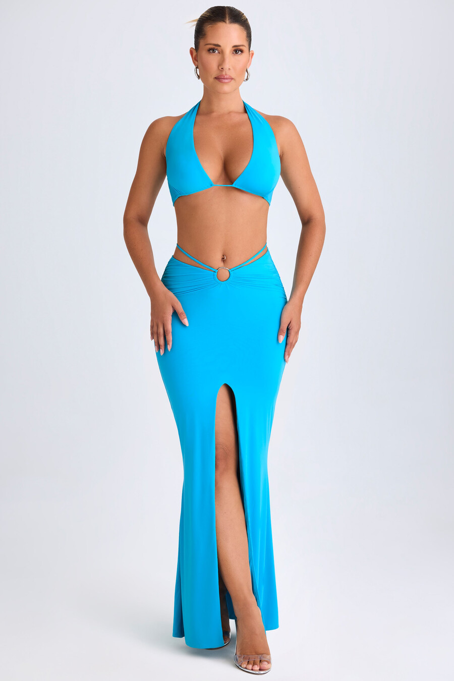 maxi rok met middelhoge taille en metalen details in aquablauw