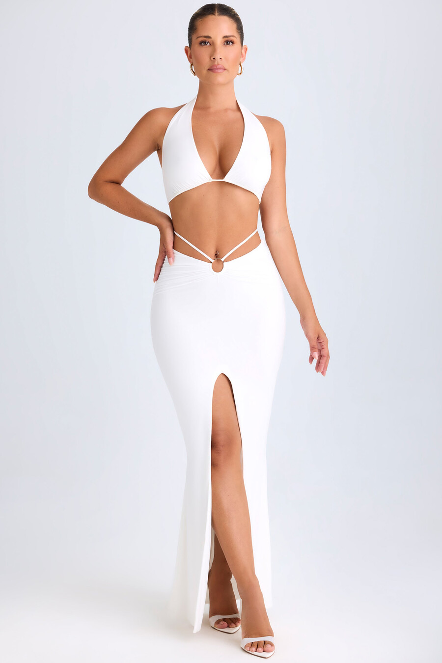 maxi rok met middelhoge taille en metalen details in wit