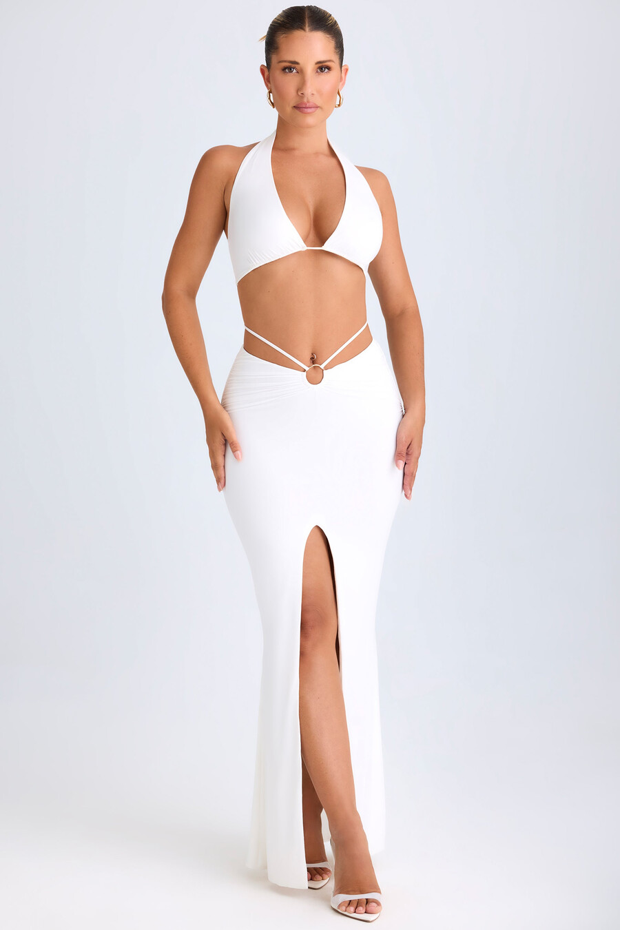 maxi rok met middelhoge taille en metalen details in wit