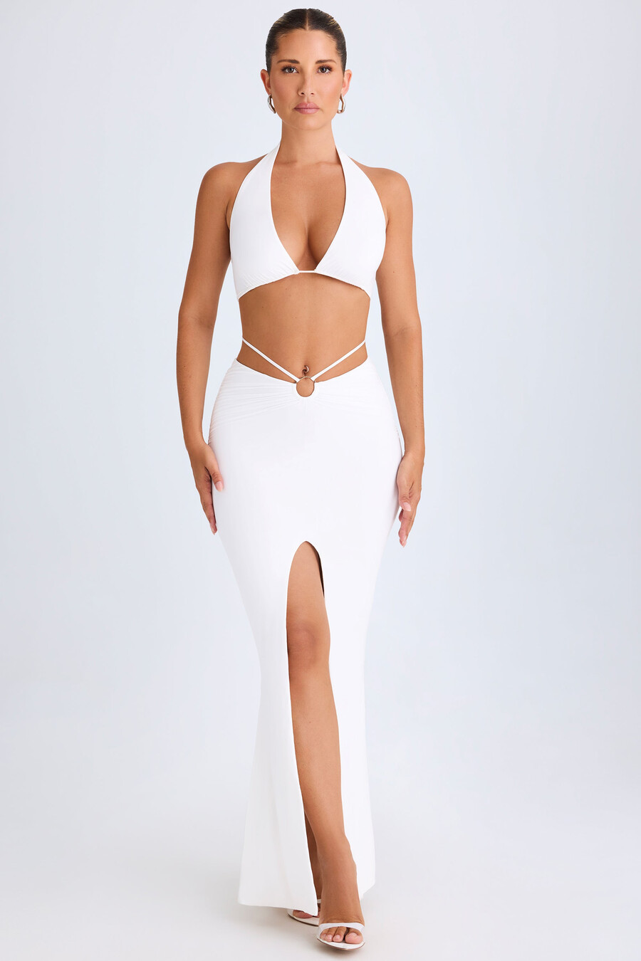 maxi rok met middelhoge taille en metalen details in wit