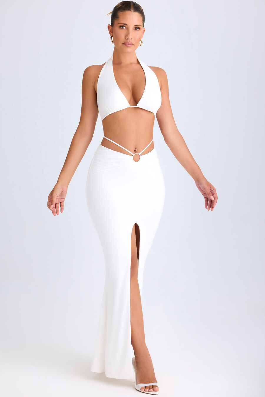 maxi rok met middelhoge taille en metalen details in wit