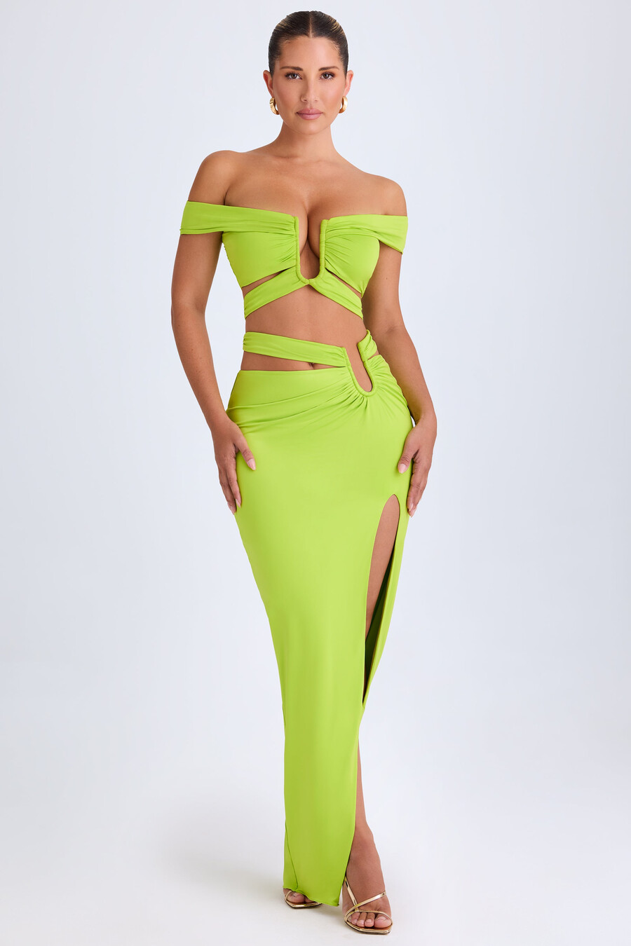 asymmetrische maxi-rok met uitsnijdingen in limoengroen
