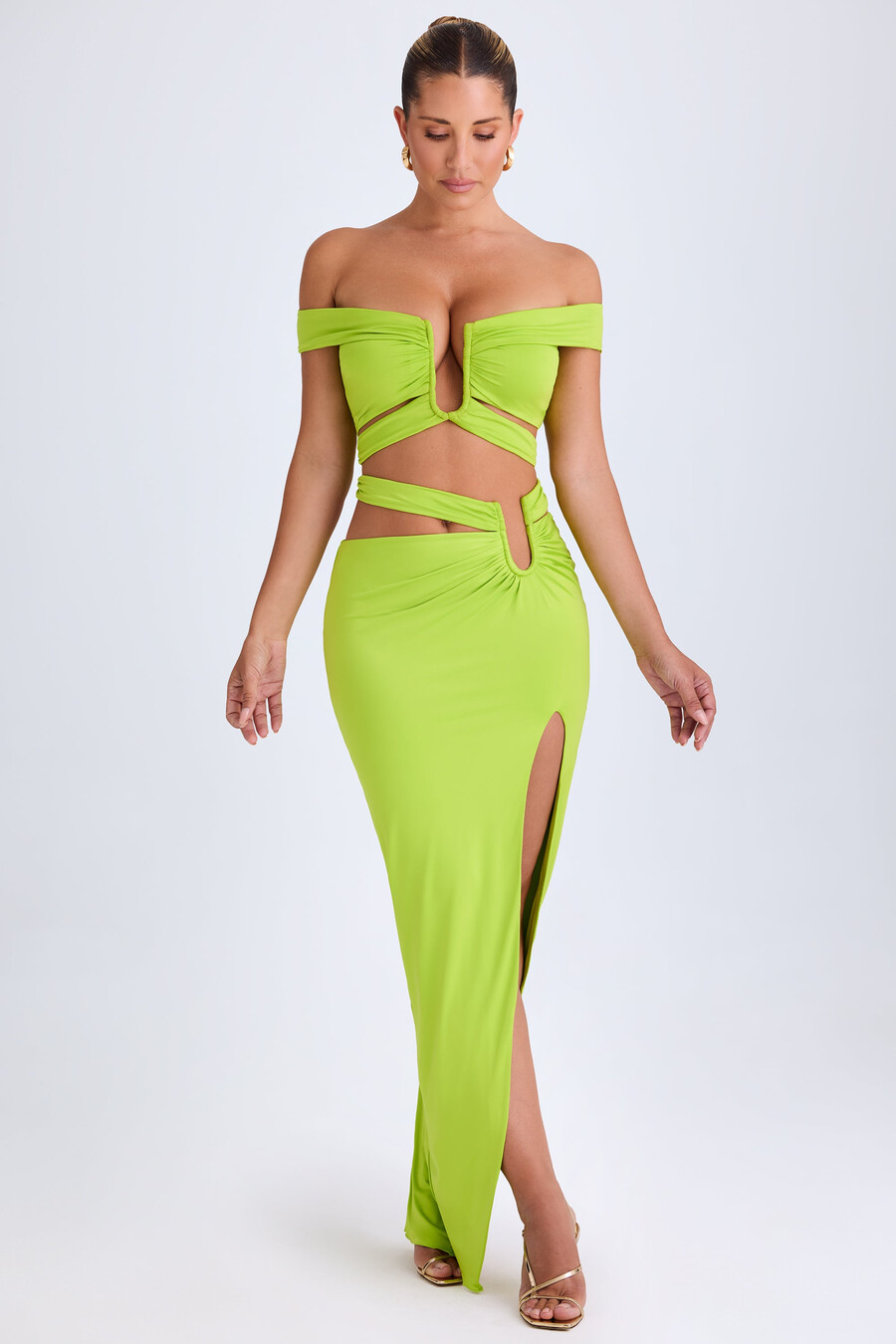 asymmetrische maxi-rok met uitsnijdingen in limoengroen