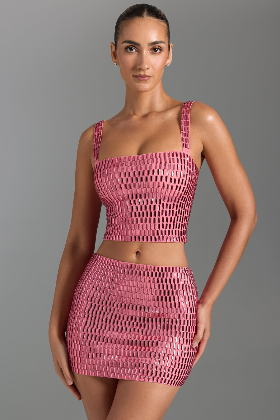 versierde micro-minirok met lage taille in watermeloenkleur