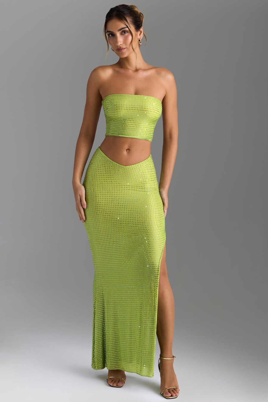 versierde maxi-rok met v-taille in perengroen