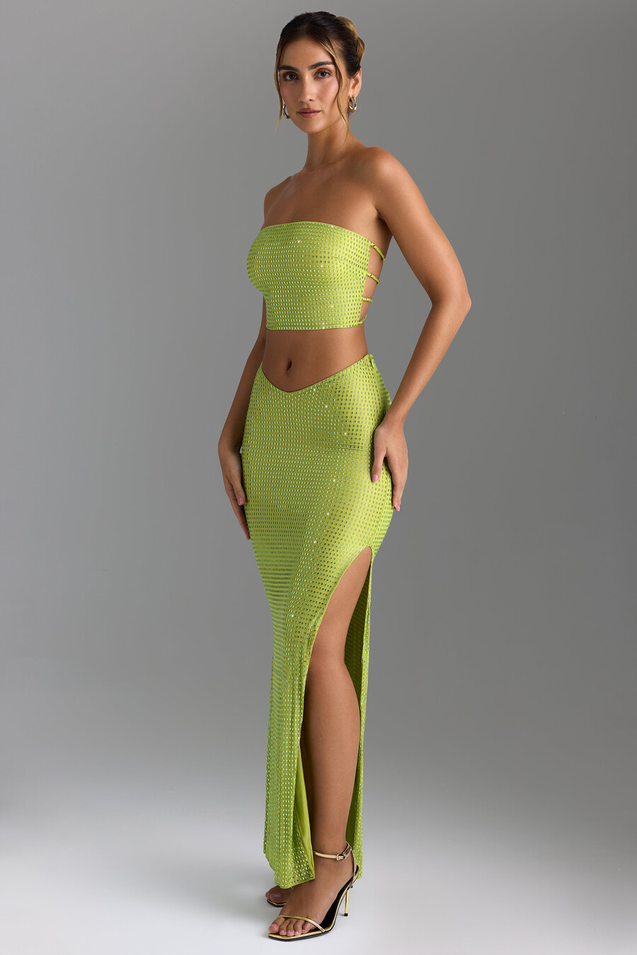 versierde maxi-rok met v-taille in perengroen