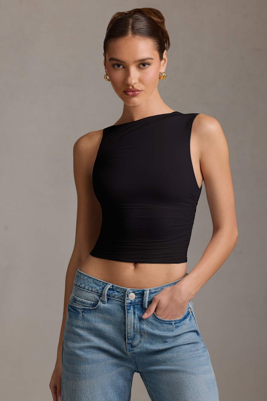 asymmetrische tanktop met plooien in zwart