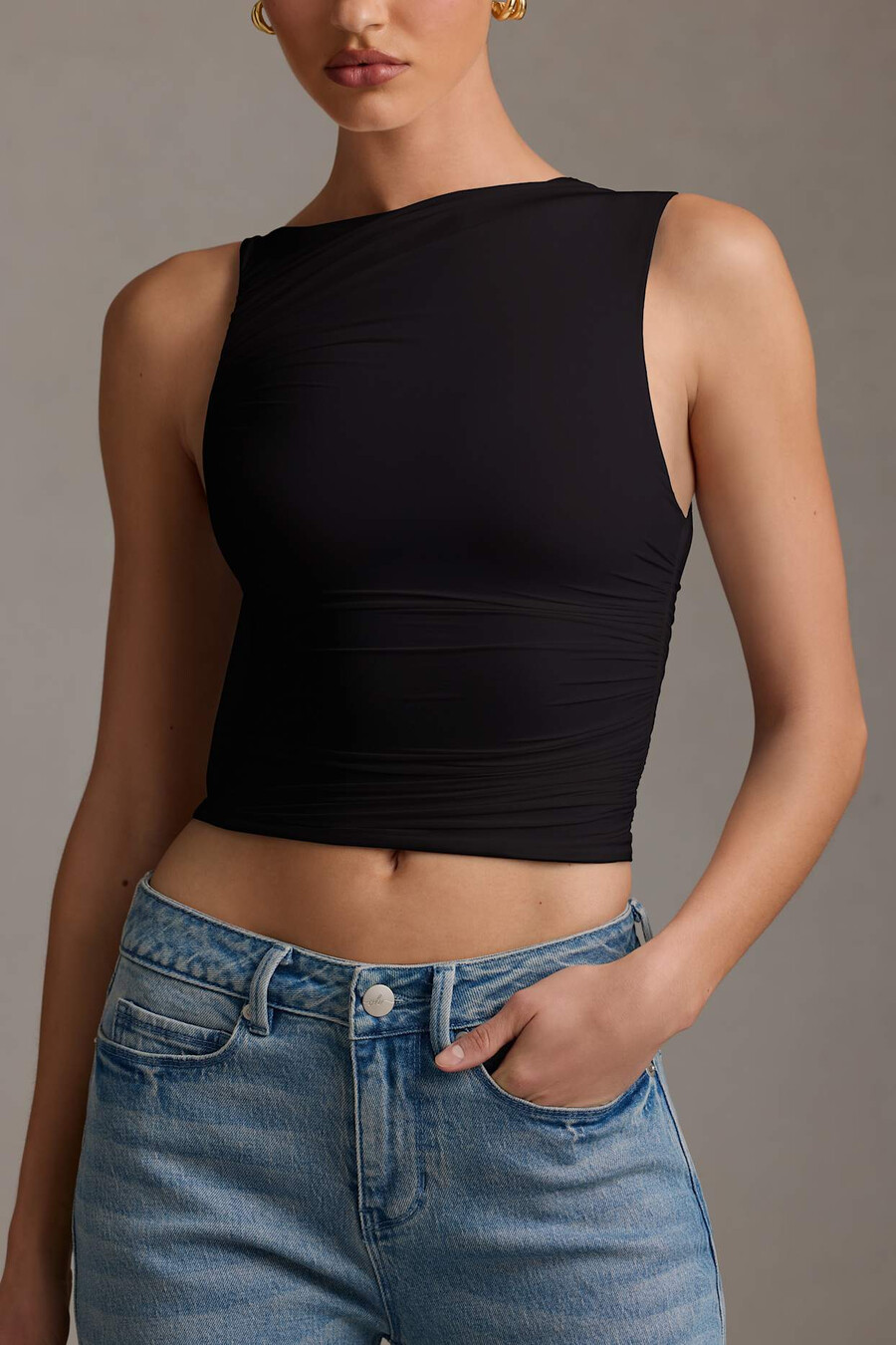 asymmetrische tanktop met plooien in zwart