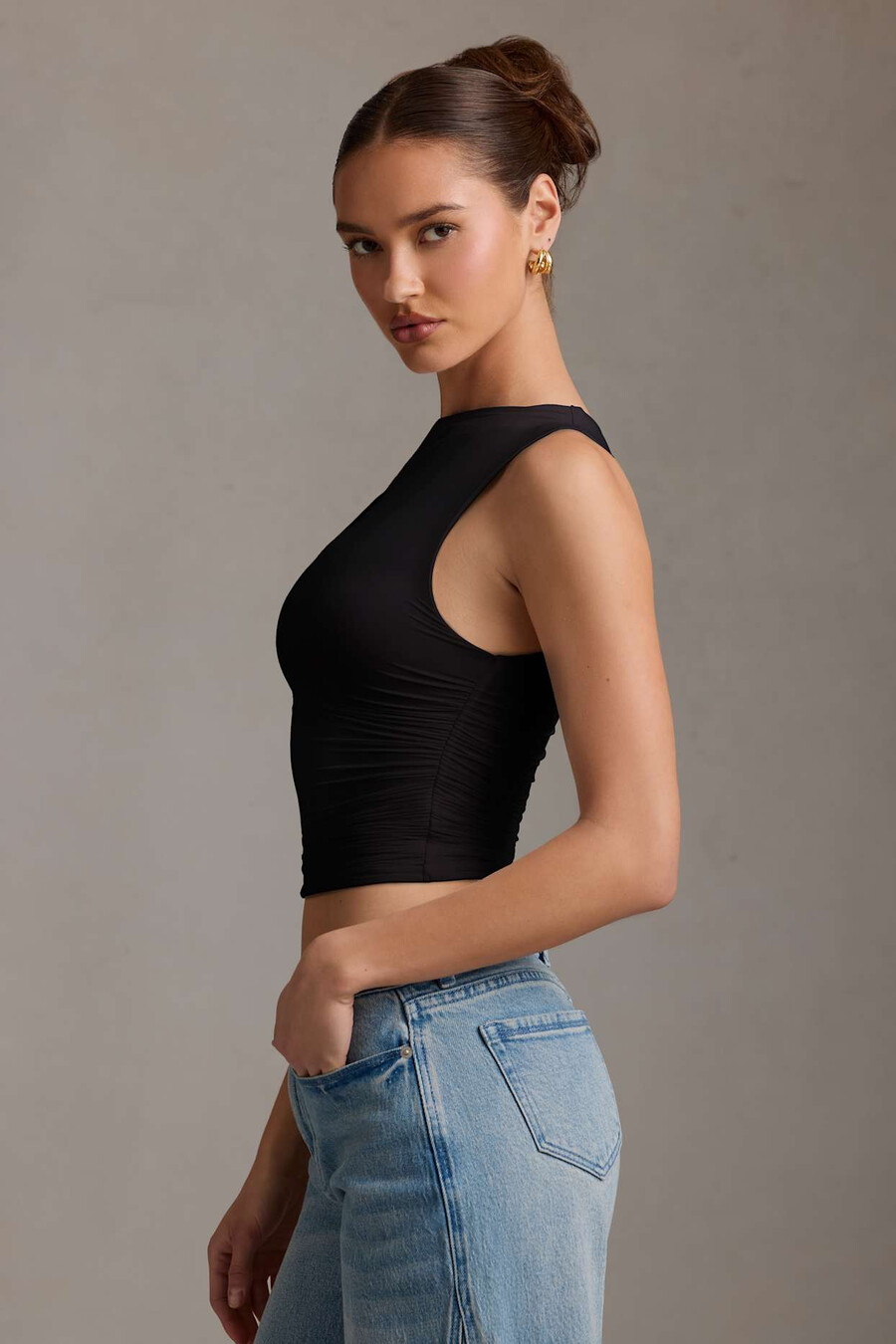 asymmetrische tanktop met plooien in zwart