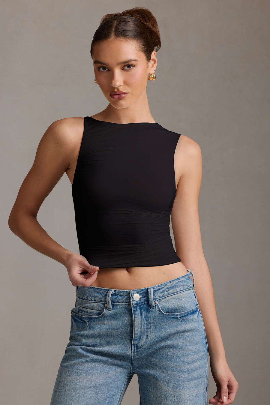 asymmetrische tanktop met plooien in zwart