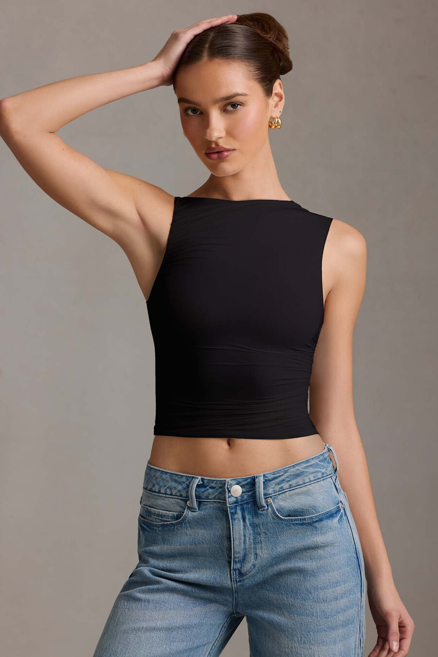 asymmetrische tanktop met plooien in zwart