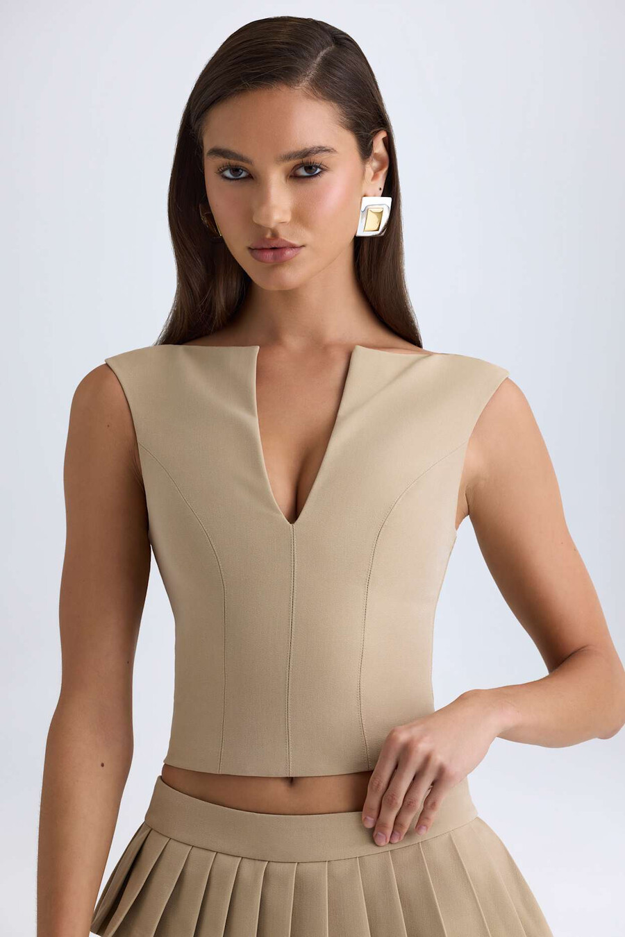 crop top met open voorkant in camelkleur