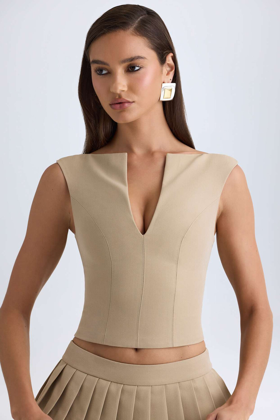 crop top met open voorkant in camelkleur