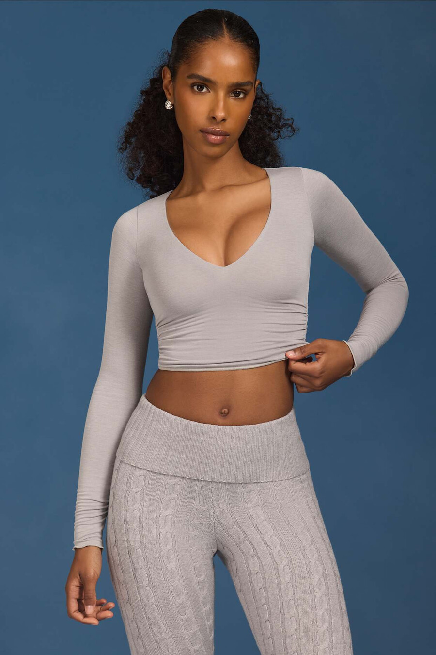 geplooide crop top met lange mouwen in grijs