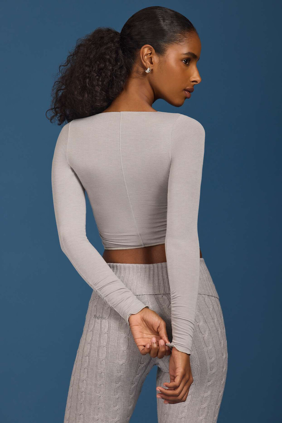 geplooide crop top met lange mouwen in grijs