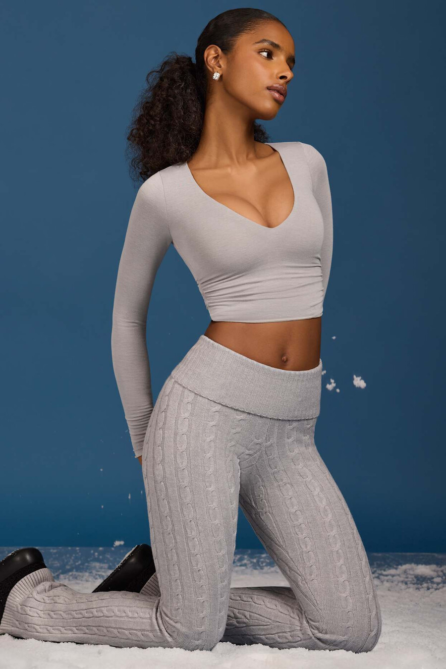 geplooide crop top met lange mouwen in grijs