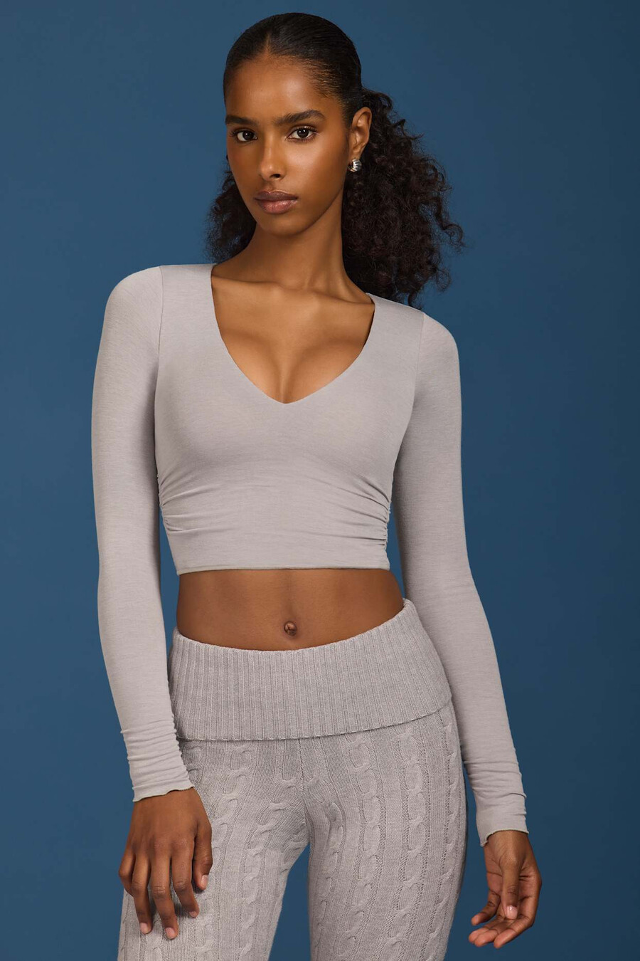 geplooide crop top met lange mouwen in grijs