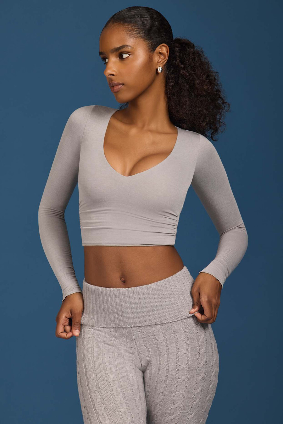 geplooide crop top met lange mouwen in grijs
