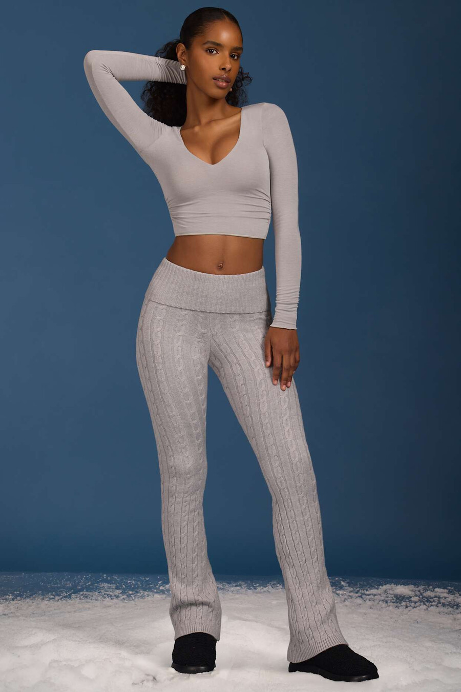 geplooide crop top met lange mouwen in grijs