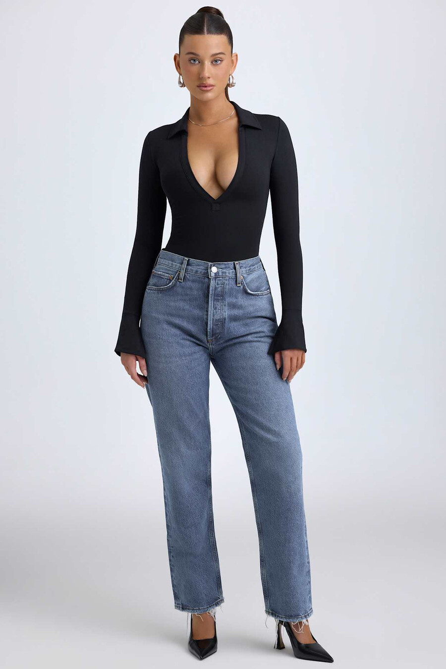 modal bodysuit met diepe v-hals in zwart