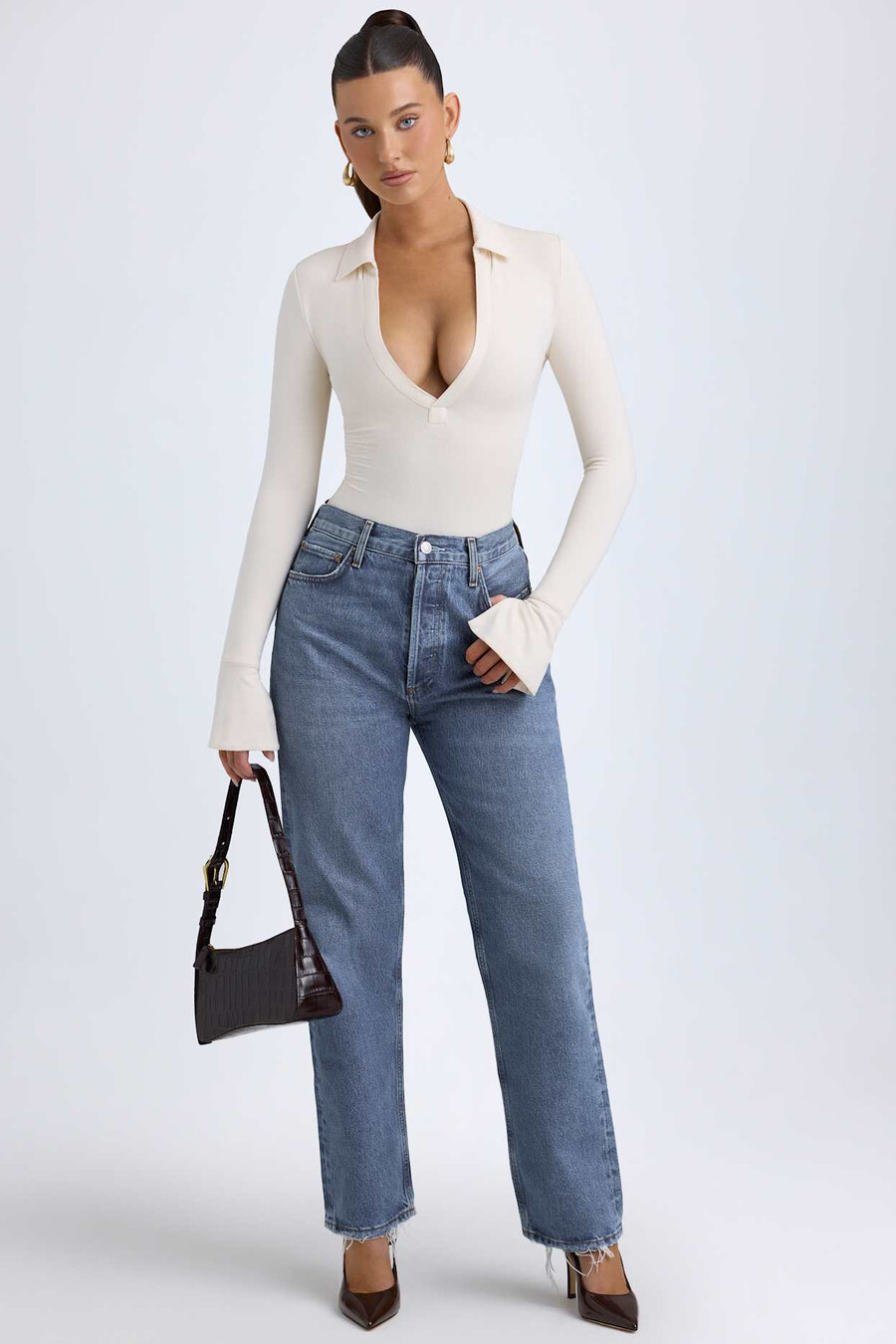 modal bodysuit met diepe v-hals in ivoor