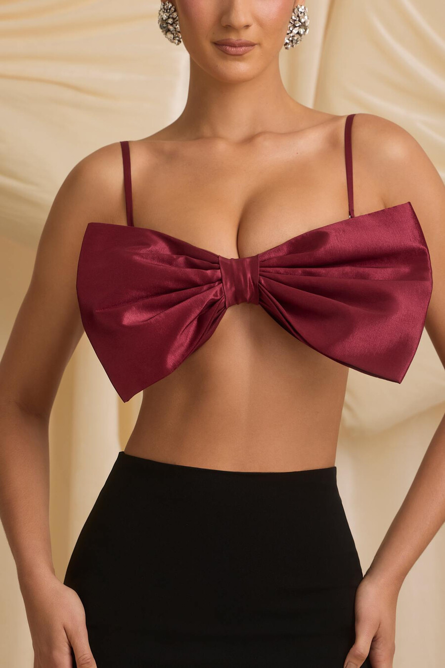 strapless crop top met strik in wijnrood