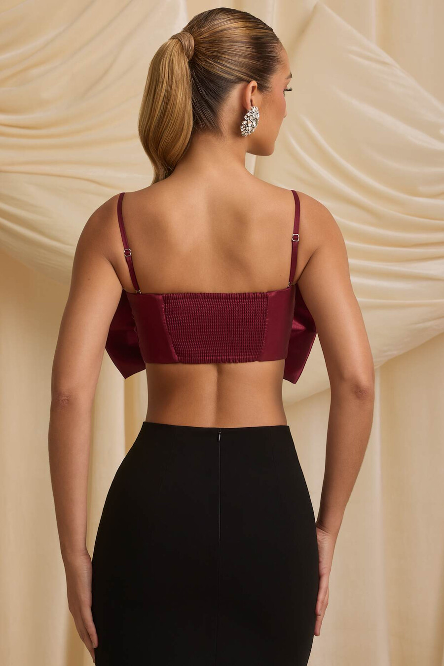 strapless crop top met strik in wijnrood