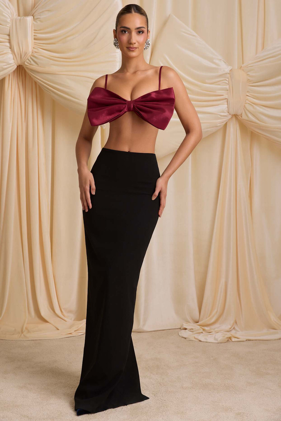 strapless crop top met strik in wijnrood