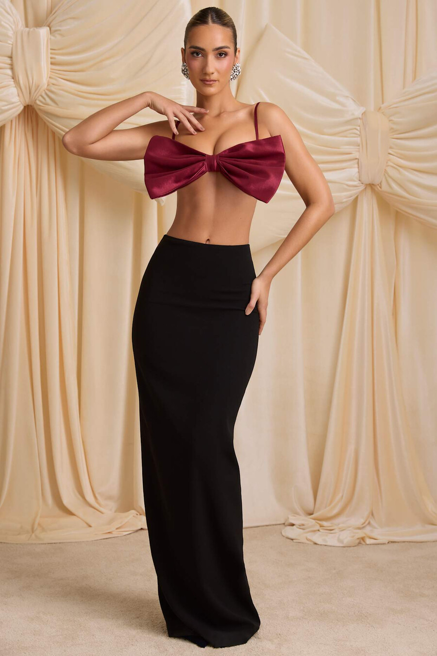 strapless crop top met strik in wijnrood
