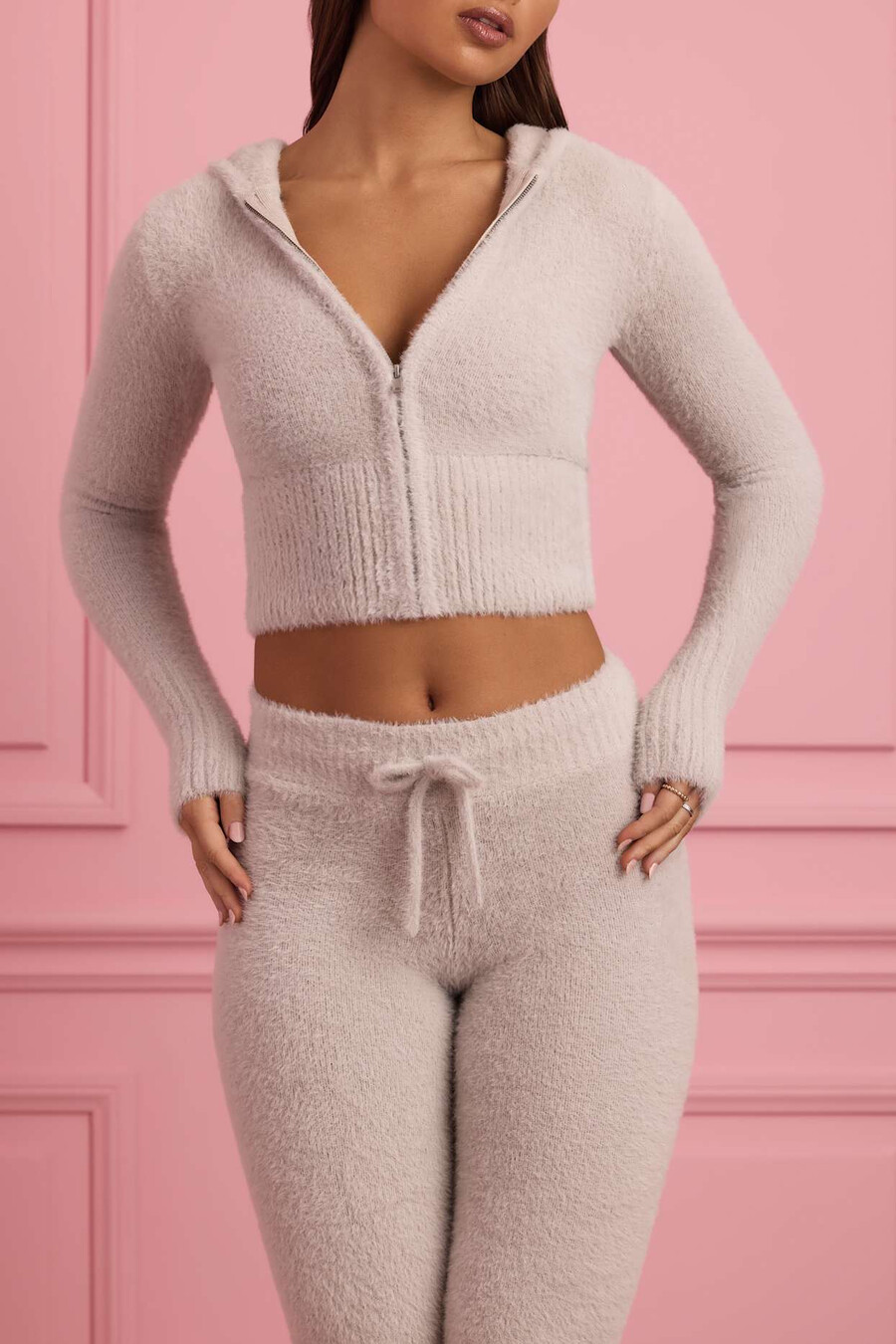 pluche gebreide hoodie met rits in wolkengrijs