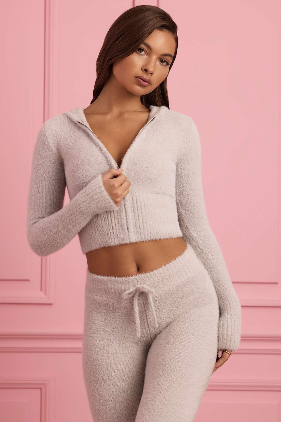 pluche gebreide hoodie met rits in wolkengrijs