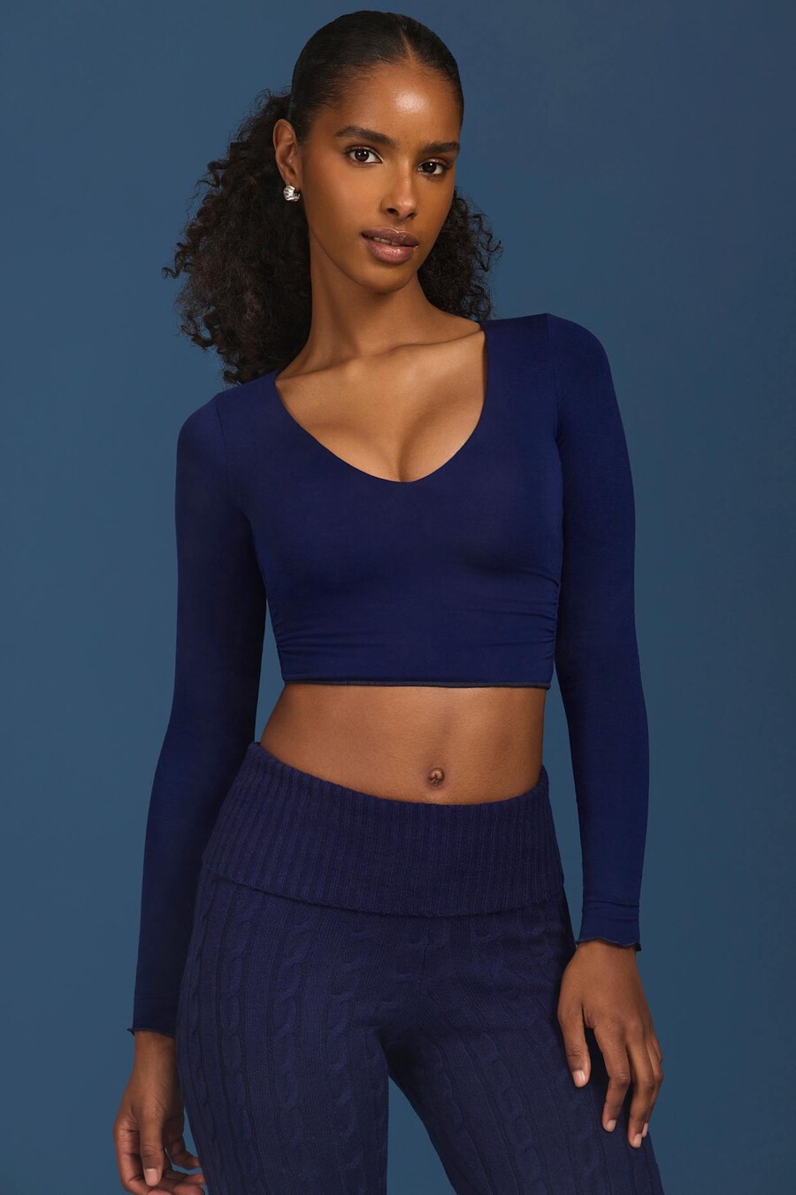 geplooide crop top met lange mouwen in marineblauw