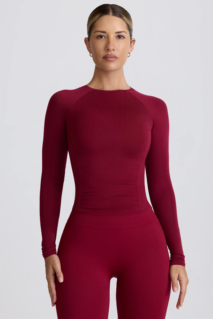 tencel modal top met lange mouwen en plooien in bordeauxrood