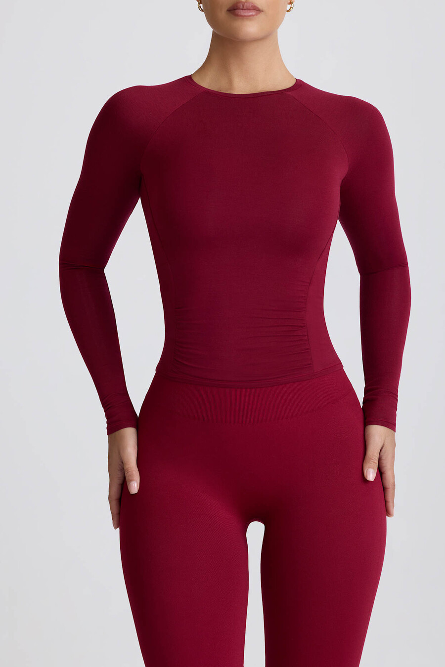 tencel modal top met lange mouwen en plooien in bordeauxrood