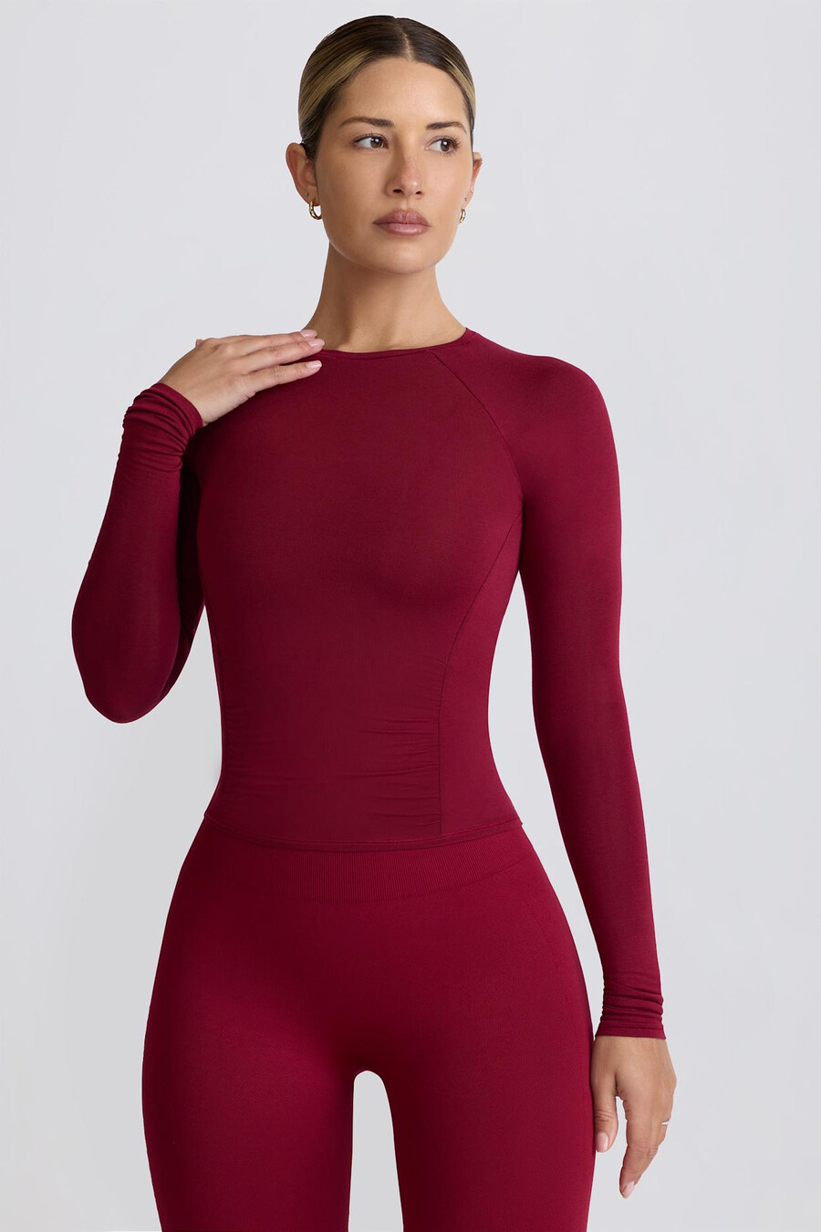 tencel modal top met lange mouwen en plooien in bordeauxrood
