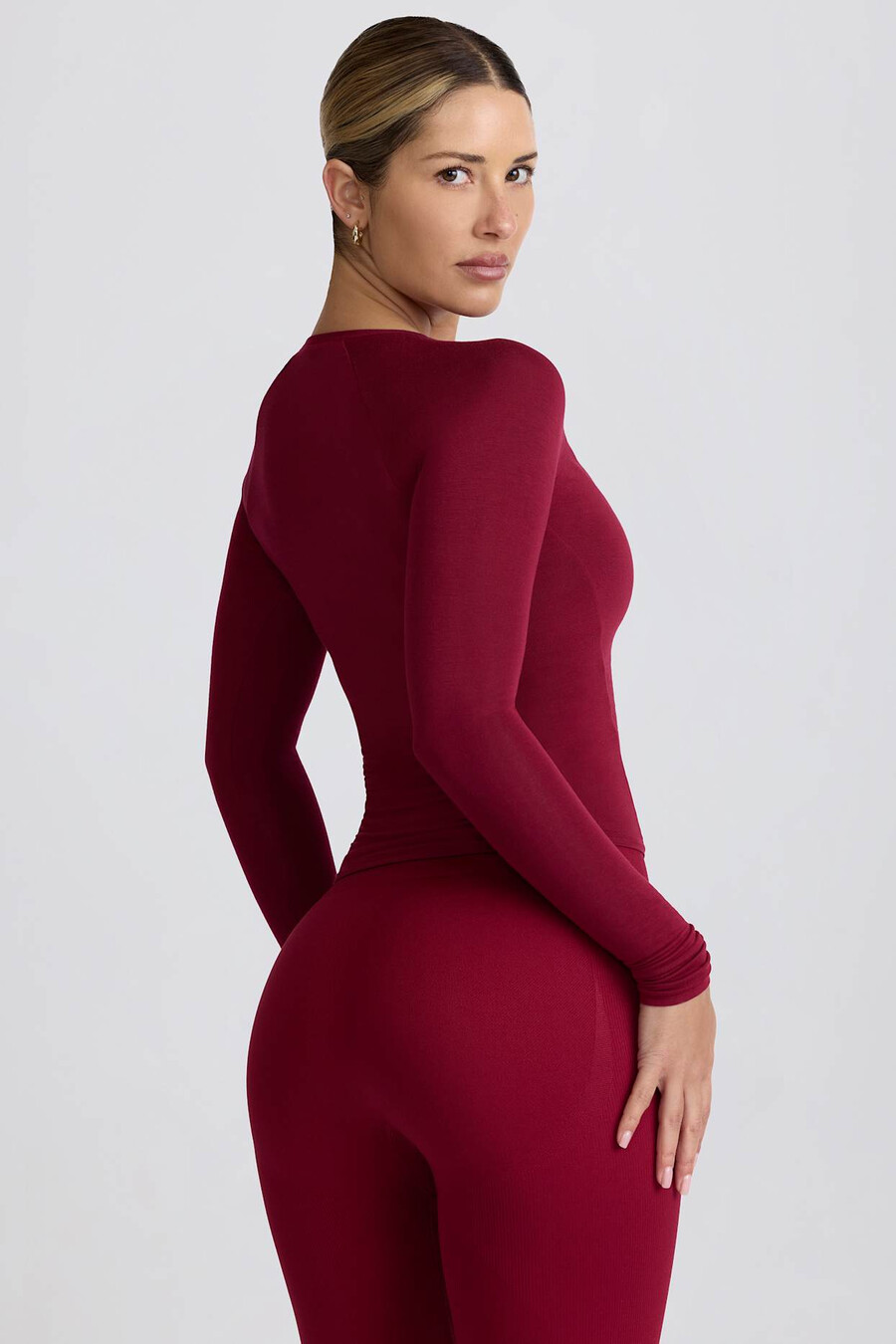 tencel modal top met lange mouwen en plooien in bordeauxrood