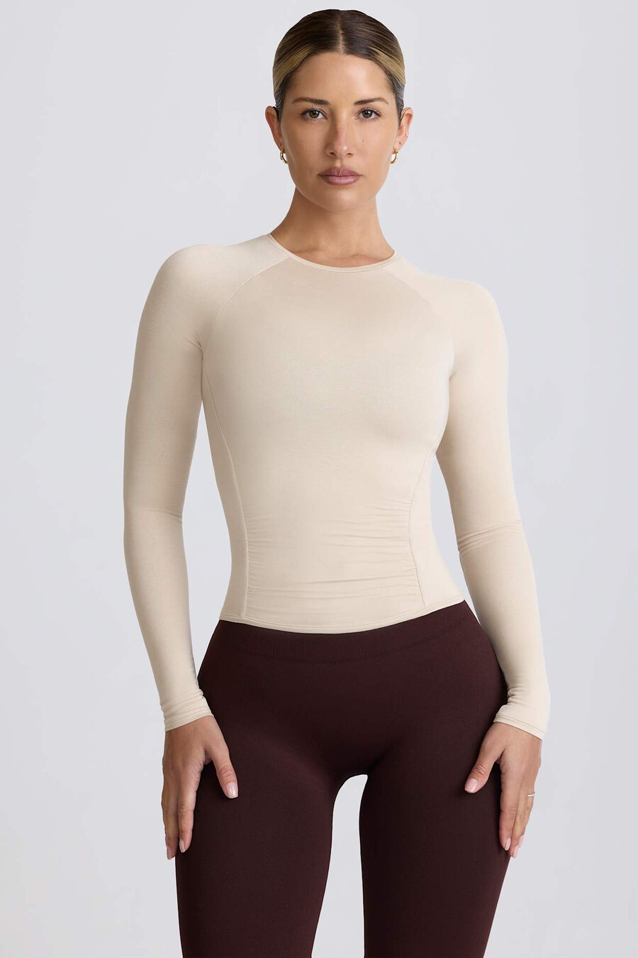 tencel modal top met lange mouwen en plooien in de kleur bone