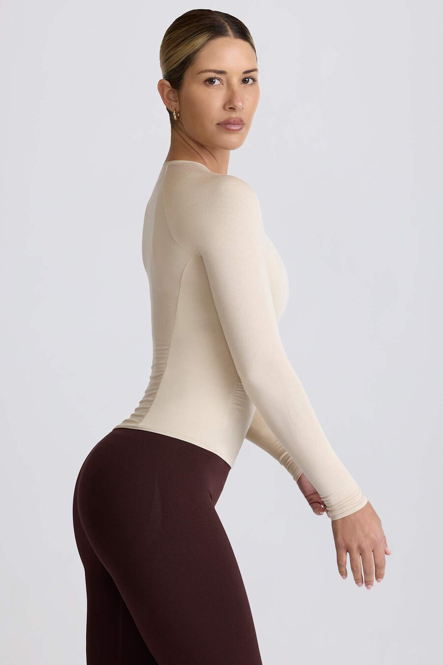 tencel modal top met lange mouwen en plooien in de kleur bone