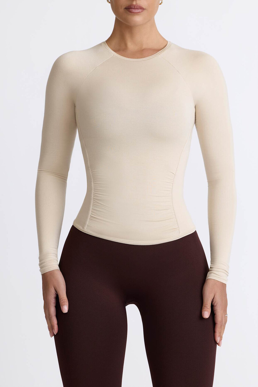 tencel modal top met lange mouwen en plooien in de kleur bone