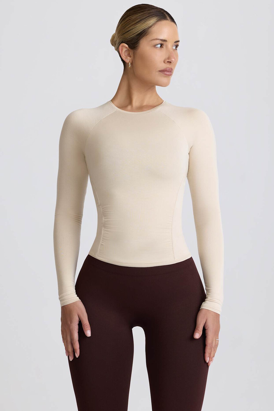 tencel modal top met lange mouwen en plooien in de kleur bone