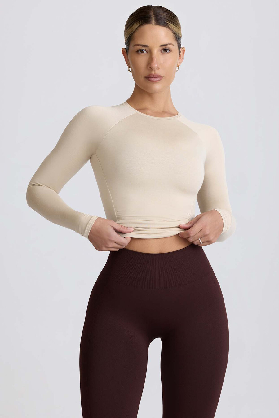 tencel modal top met lange mouwen en plooien in de kleur bone