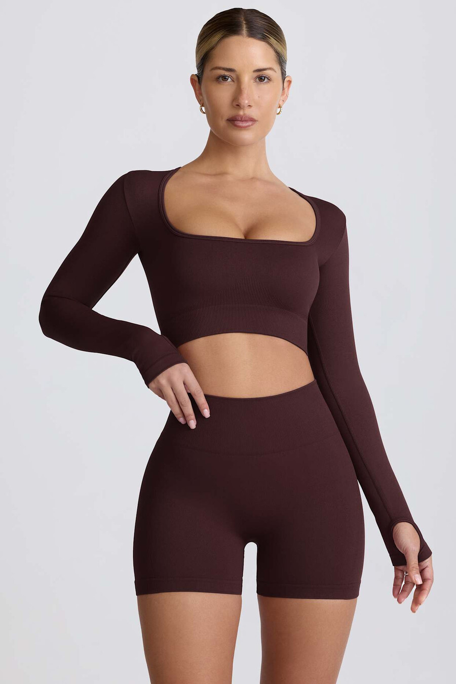 super sculpt naadloze crop top met lange mouwen in chocoladebruin